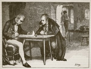 ナポレオンに対する条約に署名するイギリスとスウェーデンのエージェント、カッセルズイラストレイテッドイングランドオブイングランドのイラスト（セピア写真） 作： English School