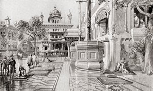 1864年、インド・パンジャーブ州アムリトサルのハルマンディル・サーヒブ（黄金寺院）複合施設、アカル・タクトまたはアカル・ブンガ（1915年発行のハッチンソン著『History of the Nations』より