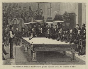 アメリカのビリヤード大会、ジョセフ・ベネットとS・W・スタンレーがプレイしている様子（エングレービング 作： English School