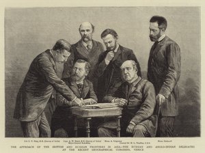 ベニスで開催された最近の地理学会議に参加したロシア人とイギリス・インド人の代表者が、アジアにおけるイギリスとロシアの境界線の接近について語っている（彫刻）。 作： English School