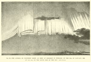 1839年1月19日午後7時40分、空の南側にあるフィンランドのボソコップで見られるオーロラまたはオーロラ 作： English School