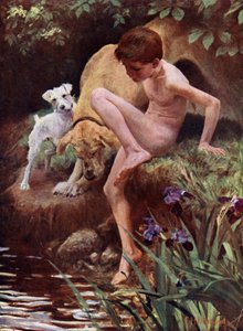 大水浴図-水泳をしている男の子と犬 作： English School