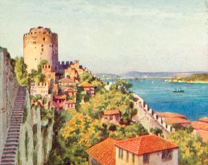 トルコの要塞から見たボスポラス海峡（カラーリトグラフ） 作： English School