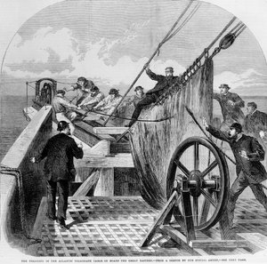 1865年、グレート・イースタン号での大西洋電信ケーブルの切断（エングレーヴィング 作： English School