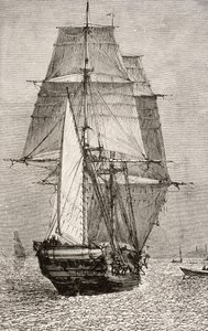 ブリッグHMSビーグル、ネルソンアンドサンズ発行のチャールズダーウィン（1809-92）の「Journal of Researches」より1890 作： English School