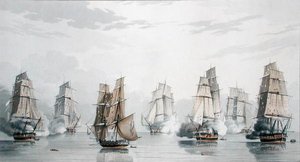 1811年5月20日、マダガスカル沖での戦闘開始直後に遭難したチャールズ・マーシュ・ショーンバーグ大尉指揮のイギリス艦隊とロックベール提督指揮のフランス艦隊（カラーリトグラフ版） 作： English School