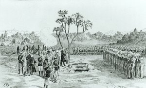 ウィリアムフランシスバトラー将軍による白内障のキャンペーンによる、キルベカンでのアール将軍とエアと大佐の埋葬、1887年発行 作： English School
