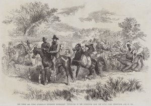 バーク・アンド・ウィルズのオーストラリア探検隊、1860年8月20日、メルボルンのロイヤル・パークからの出発（エングレーヴィング 作： English School