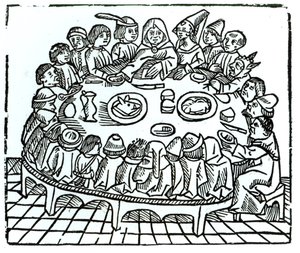 ウィンタードワード、1485年頃に印刷された、ジョフリーチョーサーの作品（c.1345-1400）「Canterbury Tales」のイラスト、共有の食事のために座っているカンタベリー巡礼者たち 作： English School