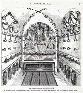 ヘンリー・メイヒュー（1812-87）とジョン・ビニーによる「The Criminal Prisons of London and Scenes of Prison Life（ロンドンの刑事刑務所と刑務所生活の情景）」より、ミルバンクのチェーンルーム（The Chain-Room）。 作： English School