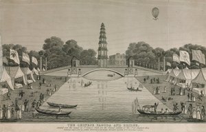1814年にグランドジュビリーに向けてセントジェームスパークの運河に架かった中国の塔と橋 作： English School