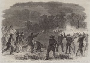 アメリカ南北戦争、ポトマック東支流のガリバルディ警備隊の歩哨への攻撃(彫刻) 作： English School
