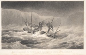 衝突（ジェームズ・クラーク・ロス船長による南極・南極探検航海より）。1847年（エングレーヴィング）