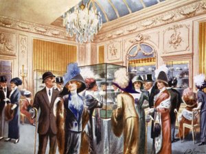 1911年4月、カルティエで開催された「戴冠式ティアラ展」（カラーリトグラフ）。 作： English School