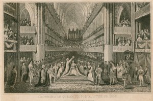 1838年6月28日、ウェストミンスター寺院でのビクトリア女王の戴冠式 作： English School