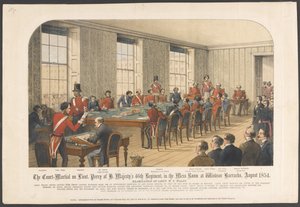 1854年8月、ウィンザー・バラックスの食堂で行われたH.M.s.46連隊のペリー中尉の軍法会議（カラーリトグラフ版