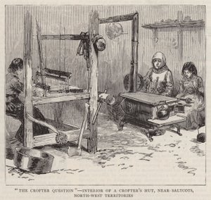 "The Crofter Question" ノースウエスト準州、ソルトコット近郊のクロフター小屋の内部（エングレービング 作： English School