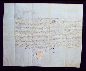 エリザベス1世、1572年に署名されたノーフォーク4世公爵、トーマスハワードの死亡令状（ベラムにインク） 作： English School
