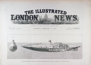 1887年2月26日のイラスト入りロンドンニュースによる、電力で動く変位沈没潜水艦ノーチラス 作： English School