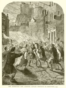 1737年に処刑される船長を乗せたエディンバラの暴徒 作： English School