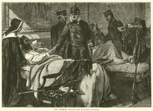 1871年5月、負傷した兵士を訪ねた天皇 作： English School