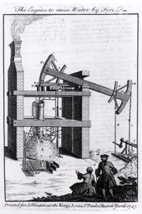 火事で水を上げるエンジン、ユニバーサルマガジン、1747年のニューコメンス蒸気機関の図 作： English School