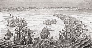 英国の艦隊は、フランシスドレイク卿によって指揮され、1588年にブロアム卿などによる「旧イングランドの価値観」からスペイン軍を攻撃し、1880年代にロンドンで出版されました。 作： English School