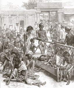インドの飢饉: 1877 年 10 月、バンガロールで救援を待つ原住民。 作： English School
