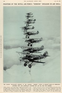 国で最速の2人乗り航空機：1935年7月20日のイラスト入りロンドンニュース王立海軍および軍の番号からの、エシェロンの右上がり編成で飛行する悪魔