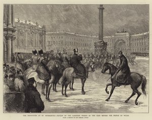 サンクトペテルブルクの祝祭、プリンス・オブ・ウェールズの前での皇帝による駐屯兵の閲兵（エングレーヴィング