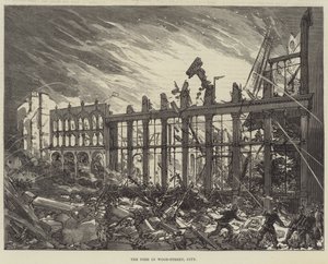 市街地のウッドストリートの火事（エングレーヴィング 作： English School