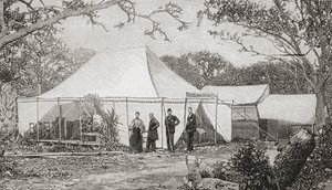 19 世紀後半、アメリカ合衆国フロリダ州マイアミにある最初の長老派教会。 1896 年にヘンリー キーウィン牧師によって設立されたこの教会は、サービスがテントに移る前にラフボード レストランで始まりました。 The Strand Magazine publi より 作： English School