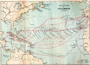 クリストファー・コロンブスの4つの航海（クレメンツ・R・マーカム著『クリストファー・コロンブスの生涯』より、1892年刊、カラーリトグラフ） 作： English School