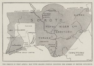 西アフリカのフランス人、イギリスの影響範囲を示す斜線部分を持つ地図（リトグラフ 作： English School