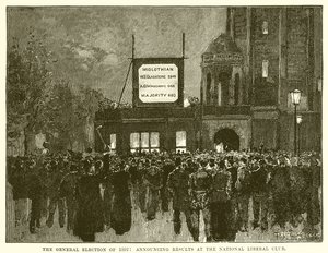 1892年の総選挙：ナショナルリベラルクラブでの結果の発表 作： English School