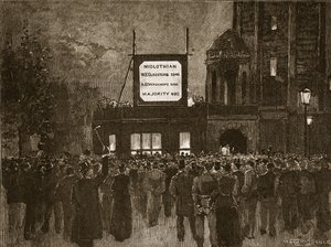 1892年の総選挙：ナショナルリベラルクラブでの結果発表、カッセルズイラストレイテッドイングランドオブイングランドのイラスト（セピア写真） 作： English School