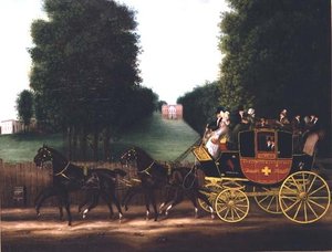 ジョン・カービー・ジュンが所有していたゴダルミングとギルフォードの駅馬車。"licensed to carry six inside and 12 out "と書かれている。 作： English School