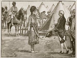イギリスのキャンプに入るグレートモーグル、1765年、カッセルズイラストレイテッドイングランドオブイングランドのイラスト（セピア写真） 作： English School