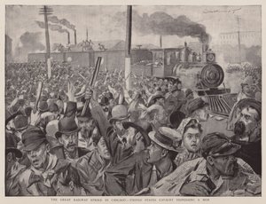 シカゴの鉄道大ストライキ、暴徒を鎮圧する合衆国騎兵隊（リトグラフ） 作： English School