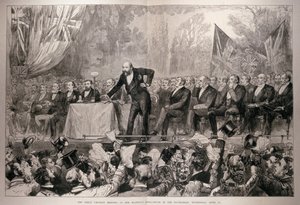 1886年4月24日「イラストレイテッドロンドンニュース」より、4月14日水曜日、ヘイマーケットにある女王陛下のオペラハウスでの大連合主義会議 作： English School