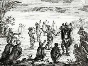 Hottentotsが月を崇拝する、ピーターコルブの「喜望峰の現状」のイラスト、1731年発行 作： English School