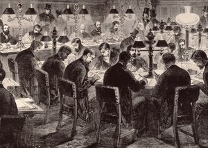 下院：レポーターの部屋、「イラストレイテッドロンドンニュース」、1882年2月18日 作： English School