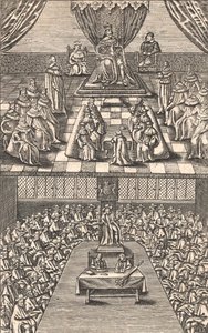 チャールズ1世時代の貴族院と下院、1640年頃（カラー木版画 作： English School