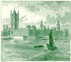 国会議事堂とウェストミンスター寺院、ジョージ・チソルムによる世界の現状の図解、1885年発行（デジタル強化画像） 作： English School