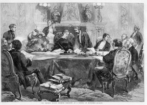 エリゼ宮での閣僚会議で議長を務める皇后摂政ユージェニー - The Empress Regent Eugenie presiding at a Council of Ministers.イラストレイテッド・ロンドン・ニュース」のイラスト
