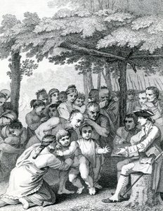 1764年のカノーによって刻まれた、ノースアニリカのフォークスオブマスキンガムにあるキャンプ近くのブーケ大佐にイギリス人捕虜を配ったインディアン 作： English School