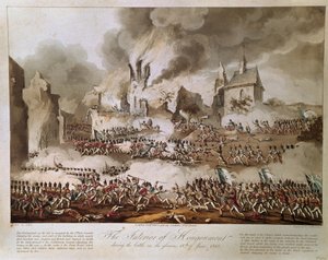 T.サザーランドによって彫刻された1815年6月18日の栄光の戦いの間のHougoumontの内部、1816年公開（アクアチント） 作： English School