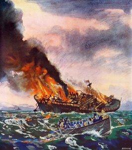 1940年11月5日に撃沈されたジャーヴィス・ベイ号（カラーリトグラフ） 作： English School