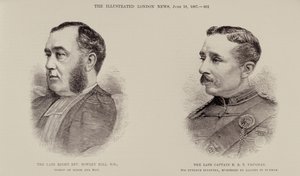 1887年6月18日、イラストレイテッドロンドンニュースより、ソドーアンドマン司教のローリーヒル牧師と後期キャプテンEBTヴォーン、第6パンジャウブ歩兵、ビルマのダコイツ殺害、 作： English School