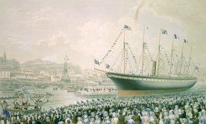 1843年7月9日、ブリストルにおける蒸気船「ザ・グレート・ブリテン」の進水式、1843年頃（カラーリトグラフ 作： English School